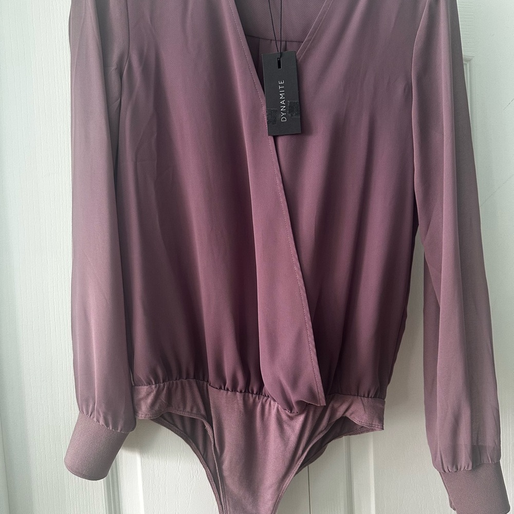 Dynamite Juste-Au-Corps Wrapped Bodysuit w/ Sheer Sleeve – Flint